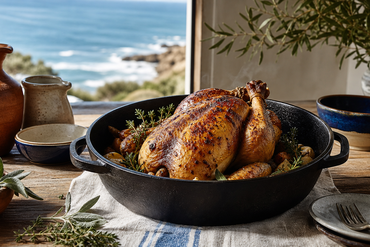 Chapon en cocotte en fonte : une cuisson tendre et dorée